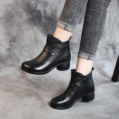 MLD-8857新款韩版真皮圆头侧拉链粗跟短靴中跟压花保暖马丁靴 商品图2