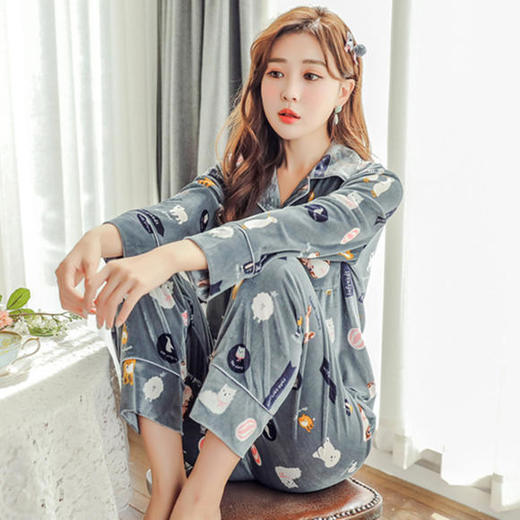 QYSY-268冬季新品开衫翻领韩版加厚金丝绒清新家居服睡衣套装 商品图1