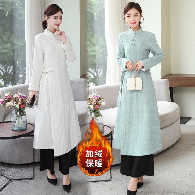 F 6121 秋冬加绒中式改良汉服复古棉麻提花旗袍连衣裙 商品图1