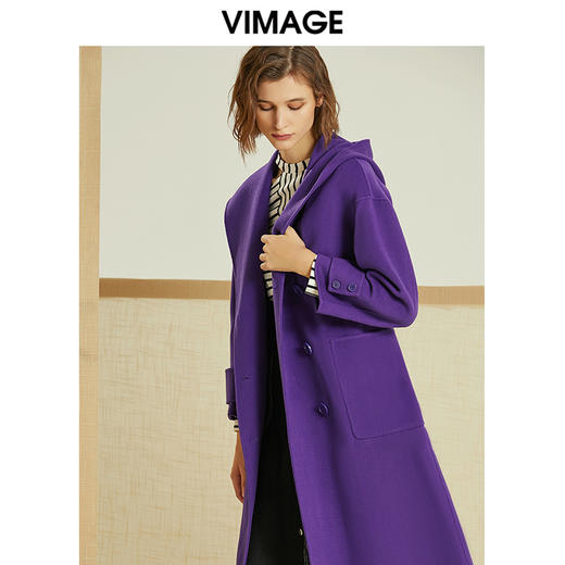 VIMAGE纬漫纪冬季双排扣英伦风连帽羊毛呢大衣中长款女V1214810 商品图0
