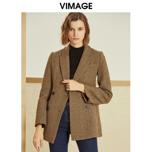 VIMAGE纬漫纪冬季复古格纹职业通勤双排扣西装短外套女V1214805 商品图0