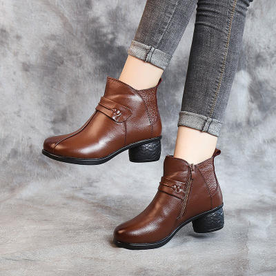 MLD-8857新款韩版真皮圆头侧拉链粗跟短靴中跟压花保暖马丁靴 商品图1