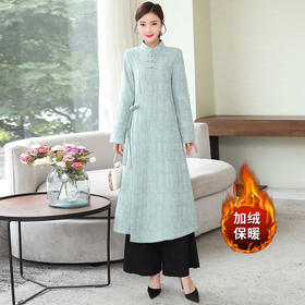 F 6121 秋冬加绒中式改良汉服复古棉麻提花旗袍连衣裙