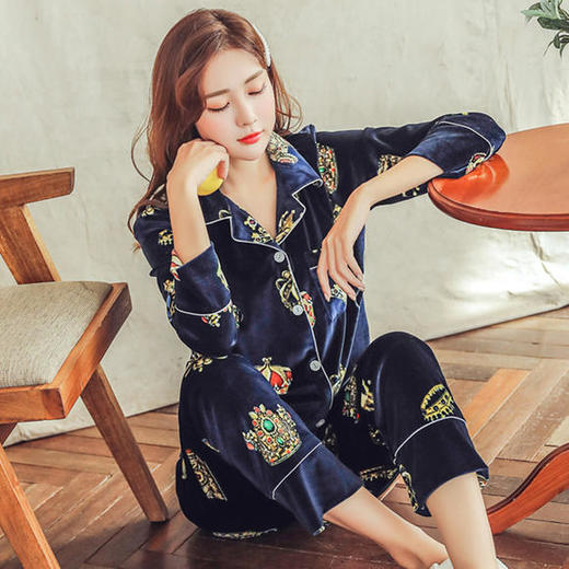 QYSY-268冬季新品开衫翻领韩版加厚金丝绒清新家居服睡衣套装 商品图3