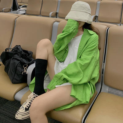 韩国东大门女装忌平庸精选夏季新款韩版chic港风宽松薄款衬衫绿色长袖防晒上衣女外套JPY带授权招加盟代理 商品图0