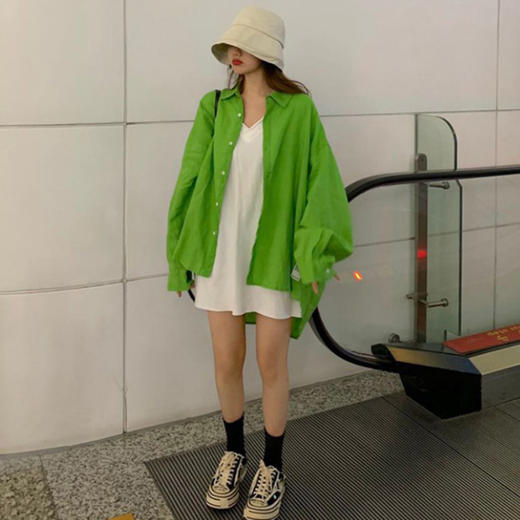 韩国东大门女装忌平庸精选夏季新款韩版chic港风宽松薄款衬衫绿色长袖防晒上衣女外套JPY带授权招加盟代理 商品图3