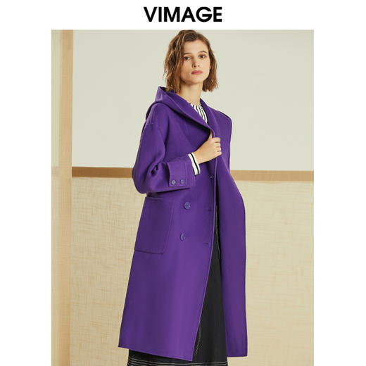 VIMAGE纬漫纪冬季双排扣英伦风连帽羊毛呢大衣中长款女V1214810 商品图2