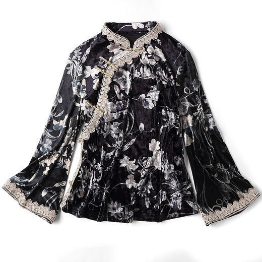 AYK-QF-190926-7丝绒花边印花上衣女立领九分袖修身唐装 商品图4