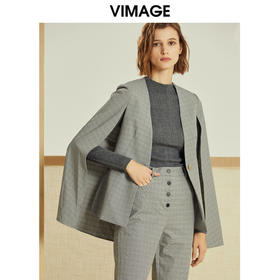 VIMAGE纬漫纪冬季英伦风经典格纹帅气斗篷外套短外套女V1203809