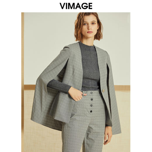 VIMAGE纬漫纪冬季英伦风经典格纹帅气斗篷外套短外套女V1203809 商品图0
