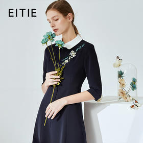 EITIE爱特爱春季新款翻领绣花A字连衣裙中长款女A2007421