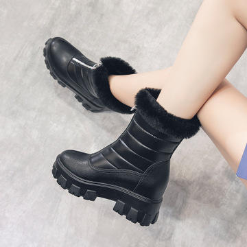 2019年秋冬内增高女靴真皮獭兔毛雪地靴厚底保暖女棉鞋前拉链女靴 商品图1
