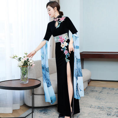 AHM 2070  2020春季倒大袖长款中式老上海演出旗袍裙加大码女装中国风连衣裙 商品图1