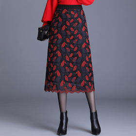 KP-MH1405秋冬中长款加厚高腰蕾丝a字裙