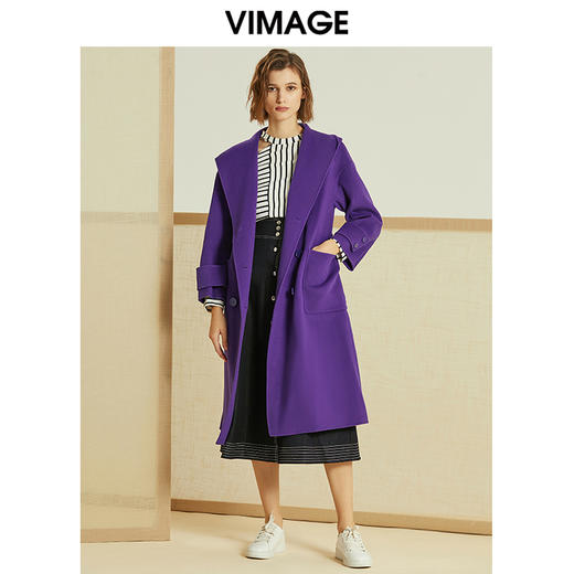 VIMAGE纬漫纪冬季双排扣英伦风连帽羊毛呢大衣中长款女V1214810 商品图1