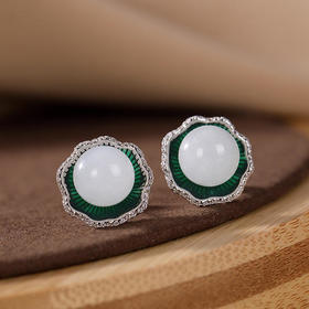 YL-001个性简约气质和田玉白玉荷花荷叶圆珠耳坠