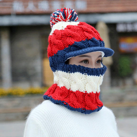 冬季新款连体毛线帽女户外骑车保暖防风帽加绒针织套头帽子女士zy0619