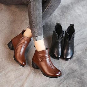 MLD-8857新款韩版真皮圆头侧拉链粗跟短靴中跟压花保暖马丁靴