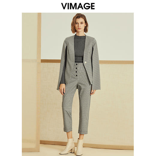 VIMAGE纬漫纪冬季英伦风经典格纹帅气斗篷外套短外套女V1203809 商品图1