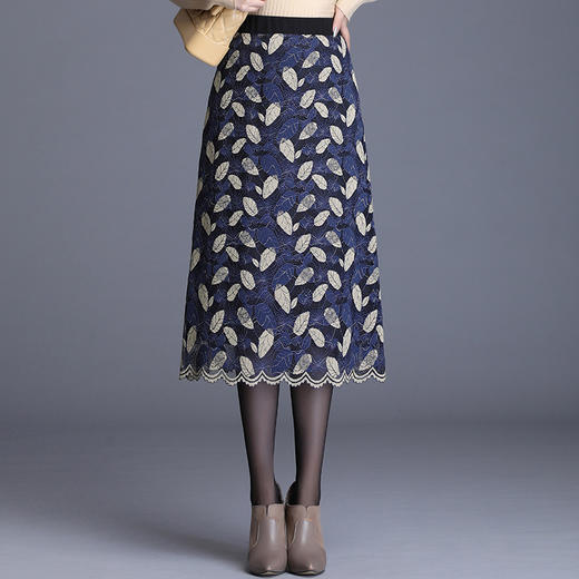 KP-MH1405秋冬中长款加厚高腰蕾丝a字裙 商品图1