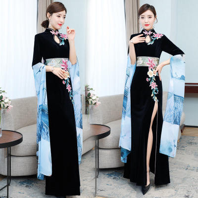 AHM 2070  2020春季倒大袖长款中式老上海演出旗袍裙加大码女装中国风连衣裙 商品图2