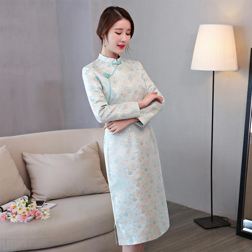 新款秋季改良中长款长袖传统斜襟旗袍连衣裙货号jnz41876