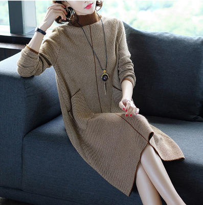 TC-9870B316秋冬裙新款女装千鸟格针织连衣裙中长过膝打底毛衣裙 商品图2