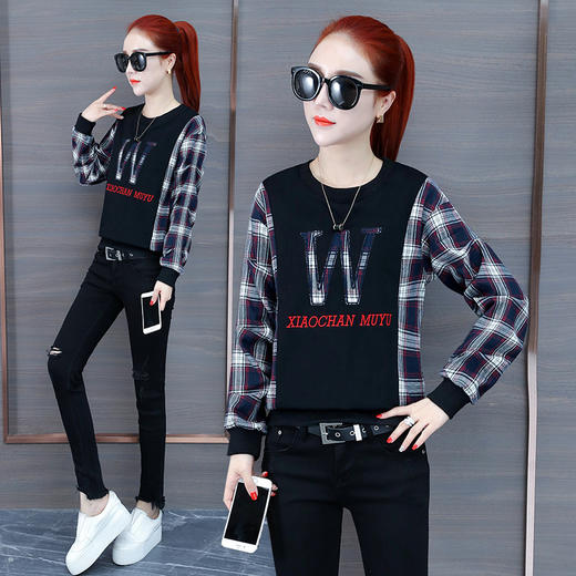 YM-XC-1298秋冬新款韩版格子宽松长袖卫衣 商品图1