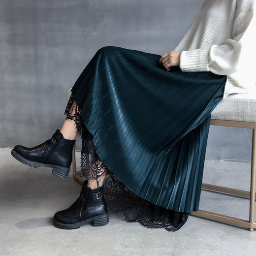 SDM-8710秋冬新款丝绒高腰百褶裙中长款蕾丝网纱裙 商品图0