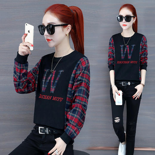 YM-XC-1298秋冬新款韩版格子宽松长袖卫衣 商品图0