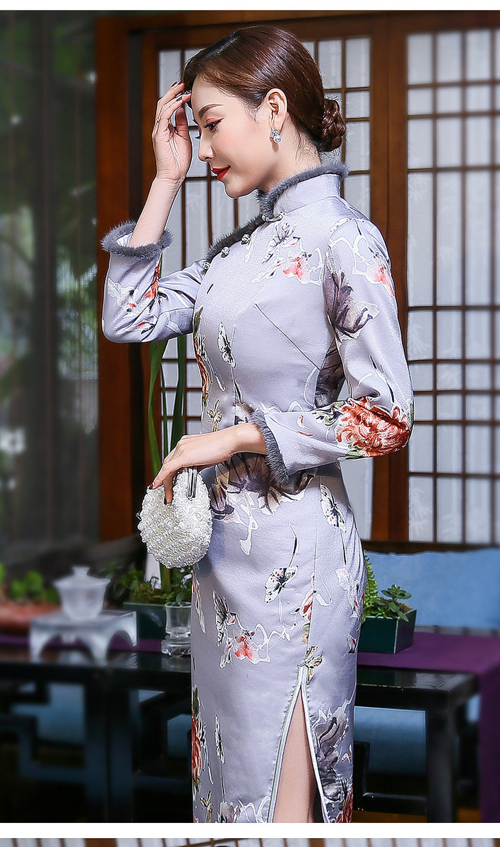 xgtq9508新款中国风改良时保暖水貂毛复古立领夹棉旗袍