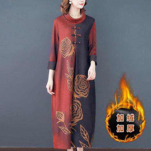 F-65155秋冬新款民族风宽松印花加绒加厚连衣裙复古长款连衣裙 商品图0