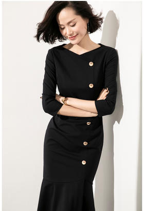 “人鱼华尔兹” J20184065A颈袖添香2024春夏新款女装时尚OL显瘦中长款羊毛连衣裙J20184065A