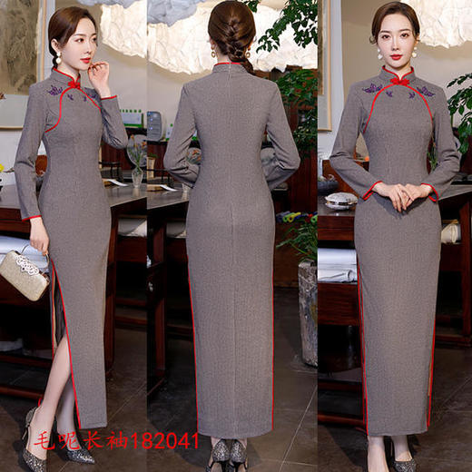 SKY-182040改良加厚长袖毛呢长款旗袍 商品图2