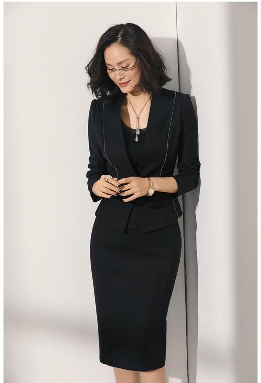 “黑兰”套裙 颈袖添香季时尚职业修身OL气质显瘦包臀羊毛女士套裙J9303994A 商品图1