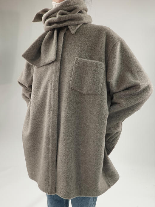 hidemi燕麦灰设计感os大衬衫式进口高克重加厚羊驼毛围巾式大衣