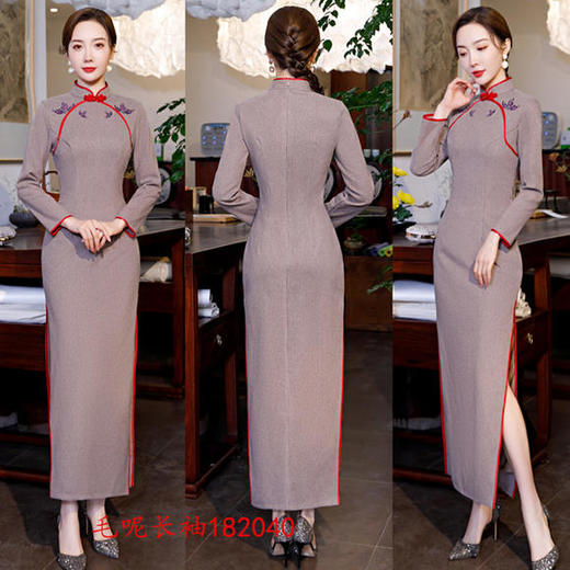SKY-182040改良加厚长袖毛呢长款旗袍 商品图1