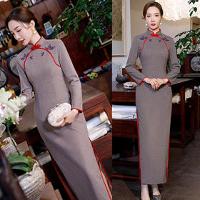 SKY-182040改良加厚长袖毛呢长款旗袍