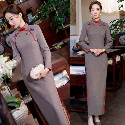 SKY-182040改良加厚长袖毛呢长款旗袍 商品图0