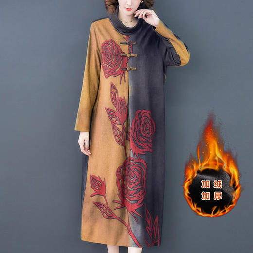 F-65155秋冬新款民族风宽松印花加绒加厚连衣裙复古长款连衣裙 商品图1