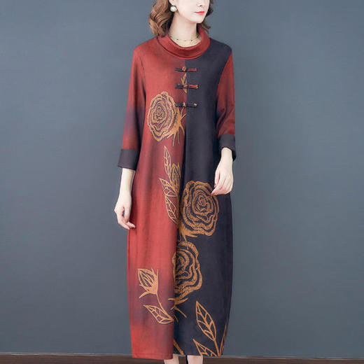 F-65155秋冬新款民族风宽松印花加绒加厚连衣裙复古长款连衣裙 商品图4