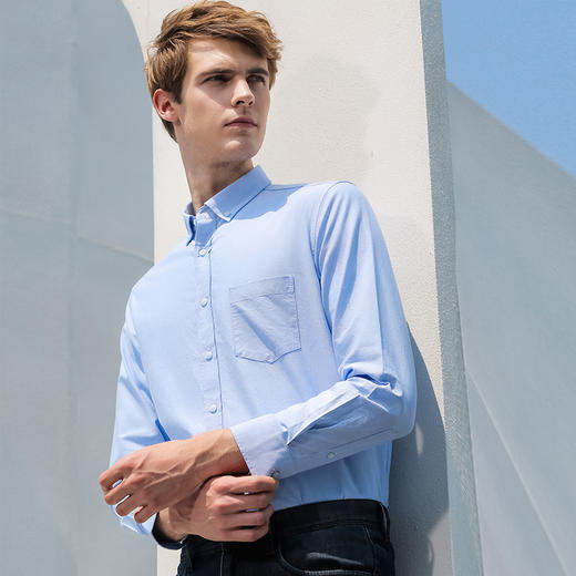 圣得西牛津纺衬衫男长袖秋款休闲纯棉韩版百搭简约白衬衣2950954002 商品图7