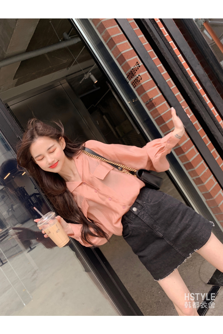 韩都衣舍2020春新款女装韩版显白珠光肉粉色宽松休闲衬衫ig8662侥