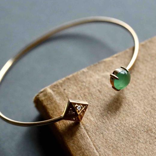 高冰种阳绿翡翠蛋面手镯18k黄金钻石镶嵌 商品图3