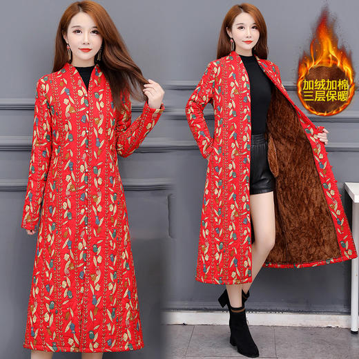 AHM-mmht7618冬季民族风印花加绒加厚复古棉麻棉服外套 商品图2