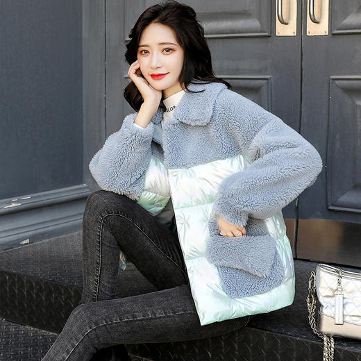 LJY-J9A52-109冬季新款韩版宽松百搭羊羔毛拼接棉衣外套 商品图0