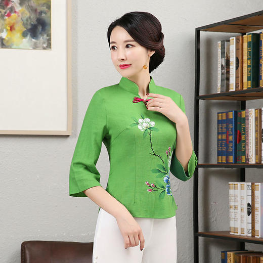 简约复古绿色棉麻唐装上衣qqxqx9510