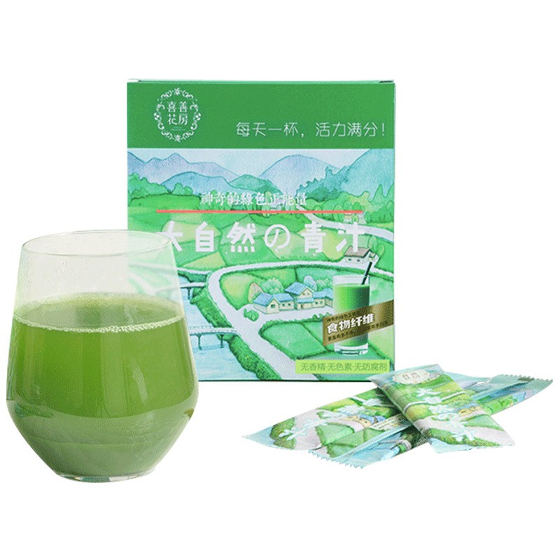 喜善花房 大麦若叶100G/盒   红遍日韩的大麦若叶青汁，是健康的高碱性食品，富含膳食纤维和矿物质，加快身体新陈代谢组织糖分和阻隔的吸收。随意搭酸奶牛奶都很好喝。JPY带授权招加盟代理