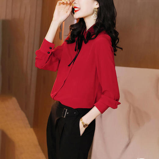 红色衬衫2020新款春秋长袖气质蕾丝蝴蝶结上衣职业装hx2139