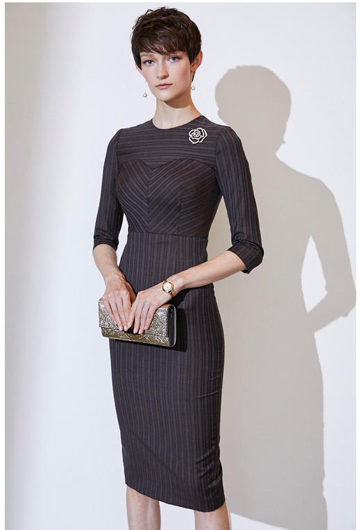 “可可西里”颈袖添香-连衣裙-颈袖添香女装新款修身气质显瘦型长款羊毛包臀职场装连衣裙 J9383789A 商品图2